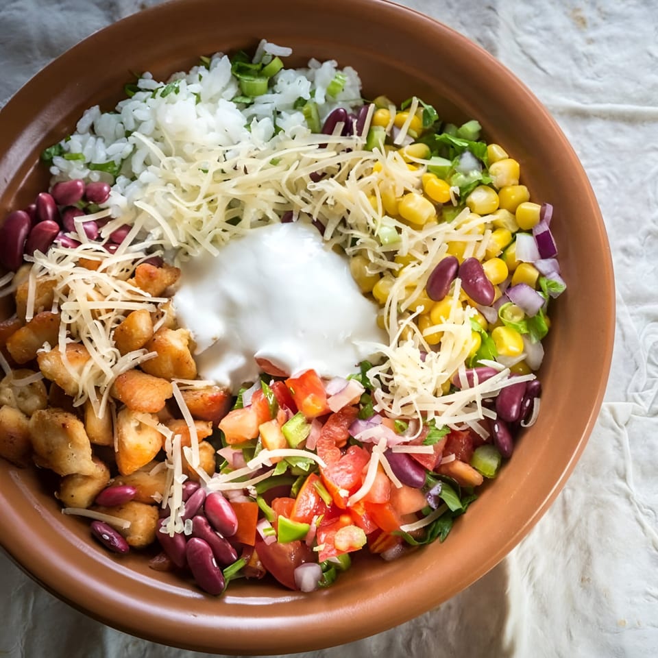 Overhead view of a Mexican burrito bowl with chicken, rice, beans, corn, salsa, cheese, and sour cream.