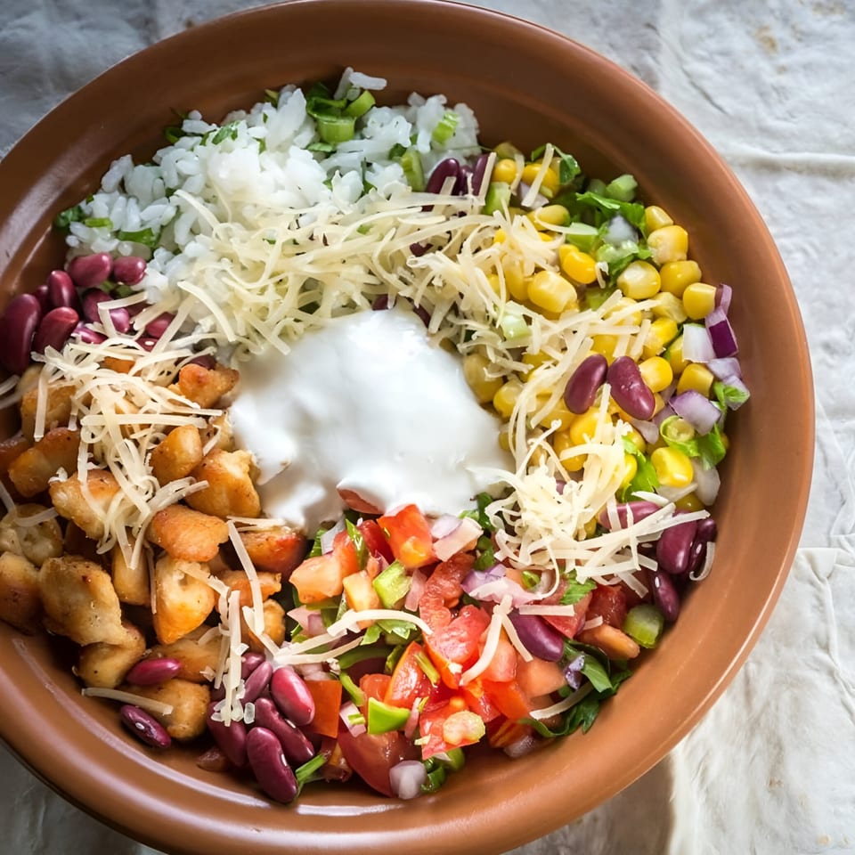 A vibrant Mexican burrito bowl with chicken, rice, beans, corn, salsa, cheese, and sour cream.