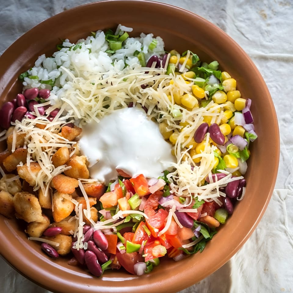 A vibrant Mexican bowl with rice, chicken, beans, corn, pico de gallo, cheese, and sour cream.